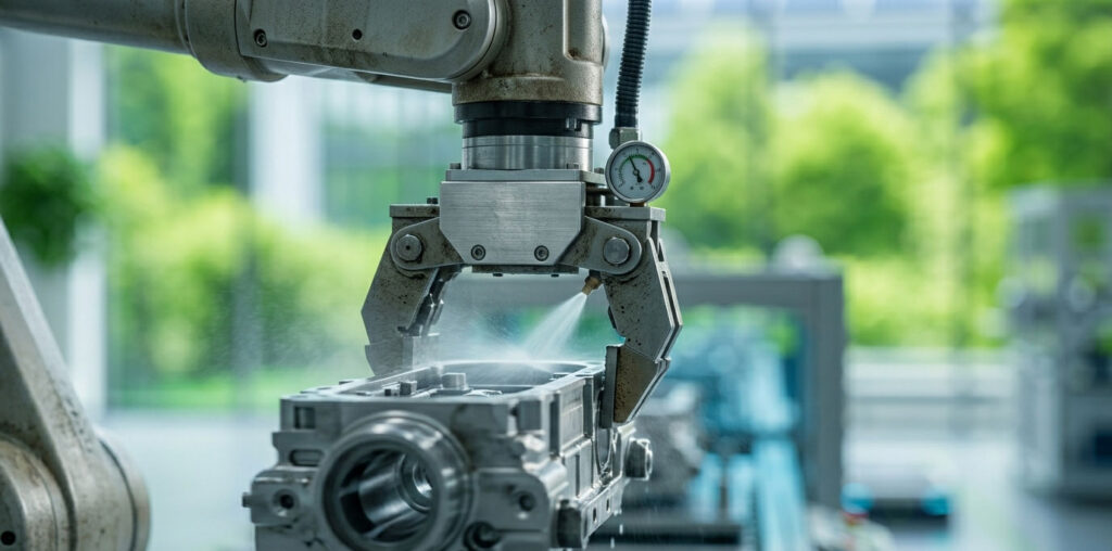 A close-up of an optimized robotic arm in a modern, sustainable manufacturing facility. The gripper uses a precision water-cooling system while holding a machined part, illustrating high operational efficiency and waste reduction.